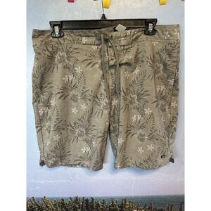 Travis Mathew Board Shorts‎ Mens 38 Grey Floral Leaves Swim Trunks Bathing Suit
